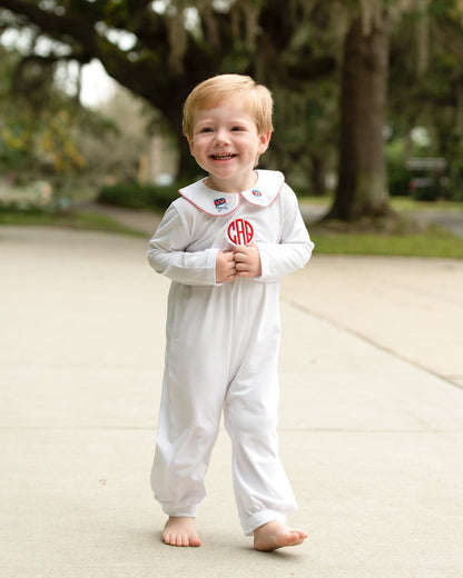 White Knit Embroidered Drummer Boy Long Romper