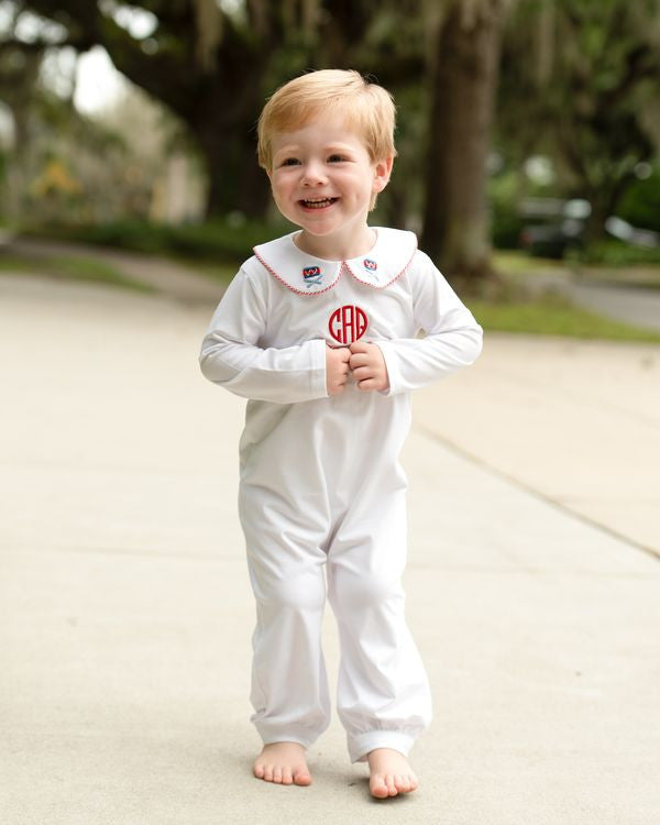 White Knit Embroidered Drummer Boy Long Romper