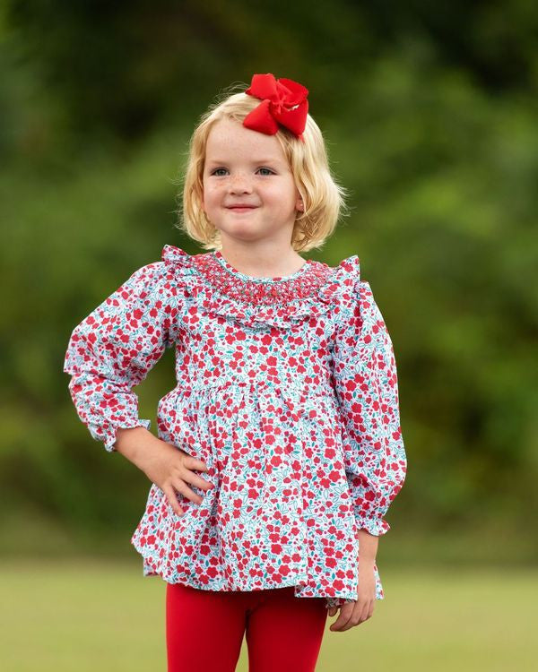 Red And Green Floral Smocked Ruffle Legging Set