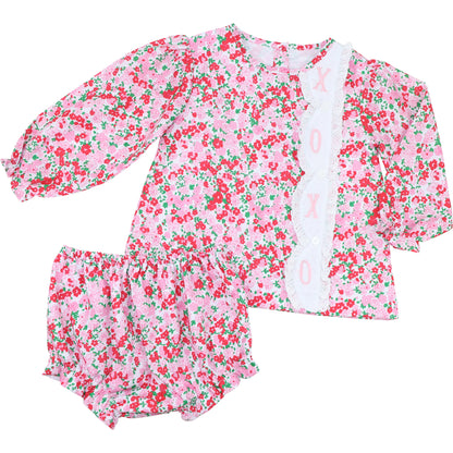 Pink Floral Embroidered XOXO Eyelet Diaper Set