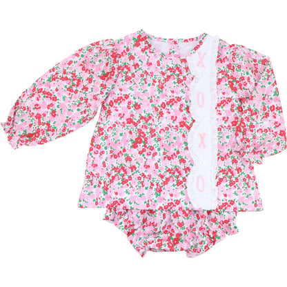 Pink Floral Embroidered XOXO Eyelet Diaper Set