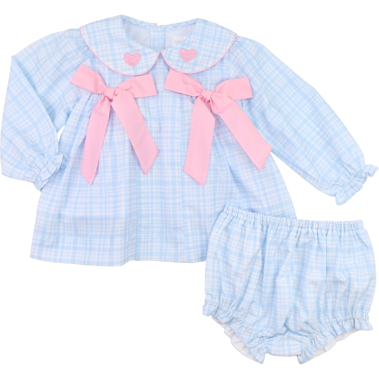 Blue Plaid Bow And Hearts Diaper Set