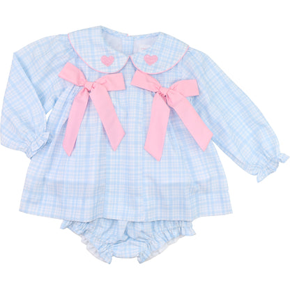 Blue Plaid Bow And Hearts Diaper Set