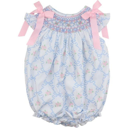 Blue And Pink Rose And Bow Smocked Bubble