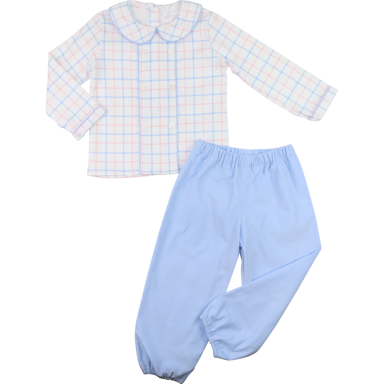 Blue And Pink Windowpane Corduroy Ankle Pant Set