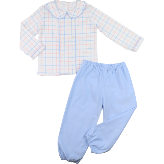 Blue And Pink Windowpane Corduroy Ankle Pant Set