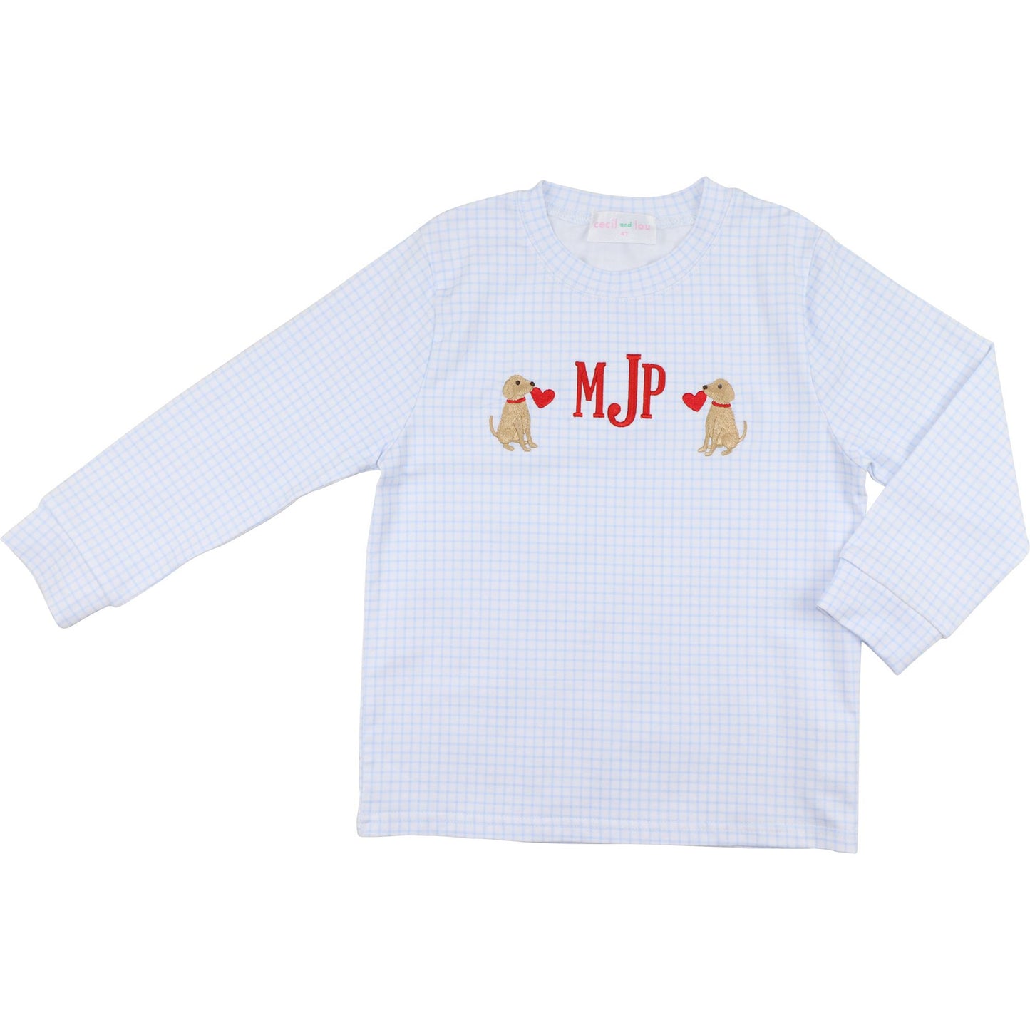 Blue Windowpane Knit Embroidered Valentine Puppy Shirt