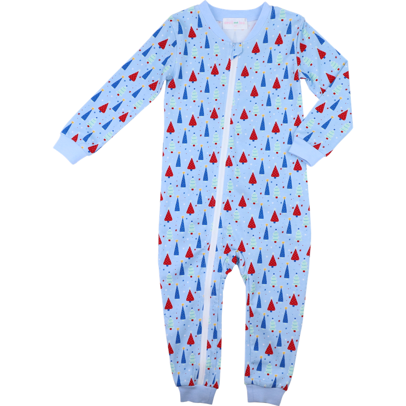 Blue And Red Christmas Tree Knit Zipper Pajamas