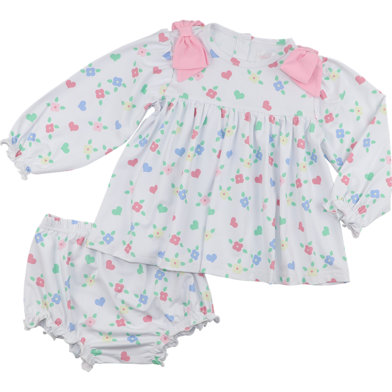 Flower And Heart Print Knit Bow Diaper Set