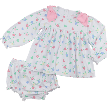 Flower And Heart Print Knit Bow Diaper Set