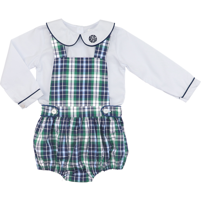 Green And Navy Plaid Overall Set