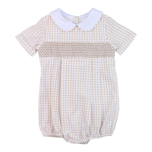 Khaki Windowpane Smocked Bubble