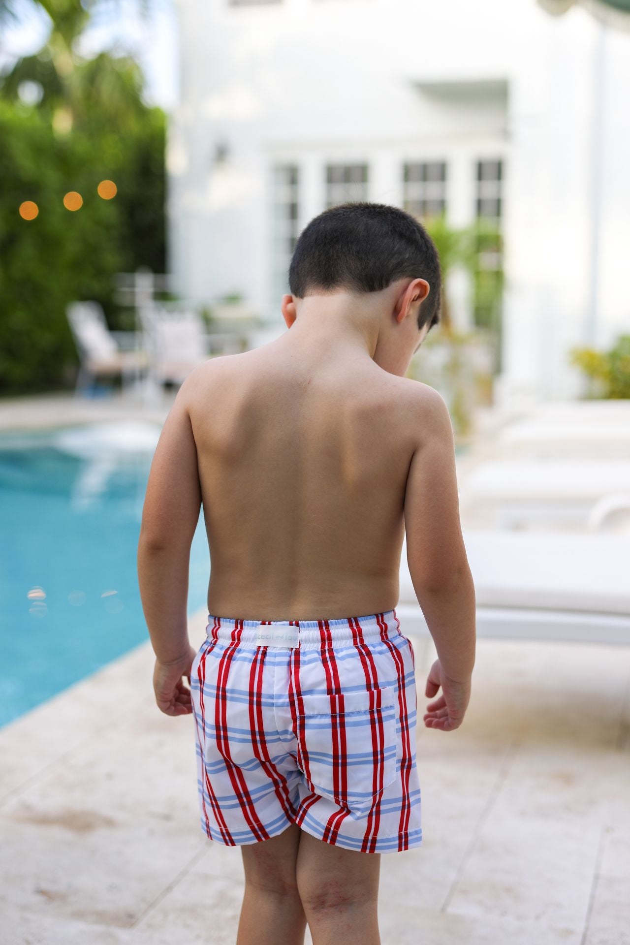 Red And Blue Windowpane Swim Trunks