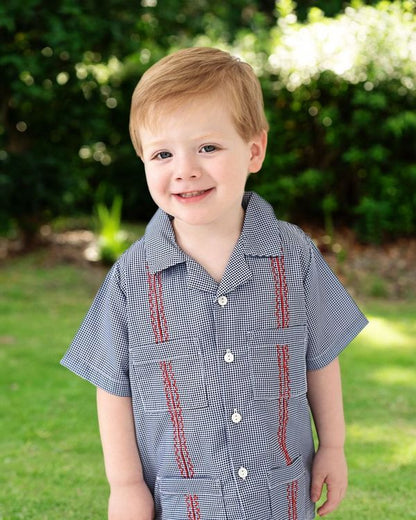 Navy And Red Guayabera