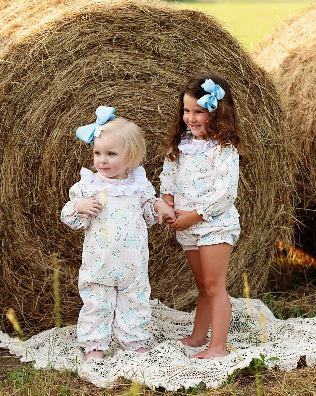 Pink And Blue Smocked Corduroy Floral Long Bubble