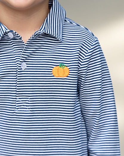 Navy Mini Stripe Embroidered Pumpkin Polo