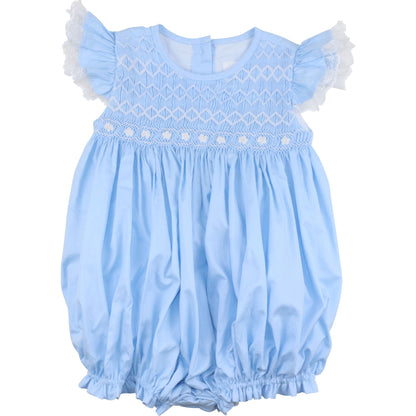 Blue Geometric Floral Smocked Bubble