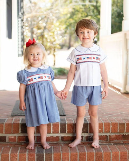 Navy Gingham Smocked Flag And Star Short Set