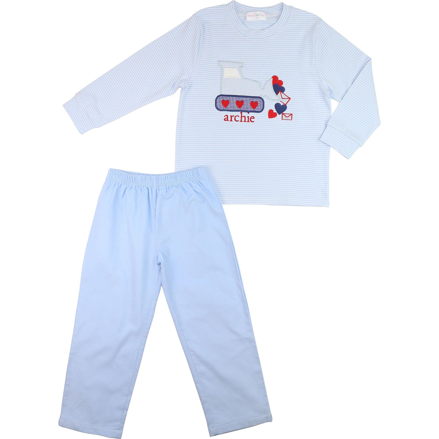 Blue Applique Valentine Excavator Pant Set