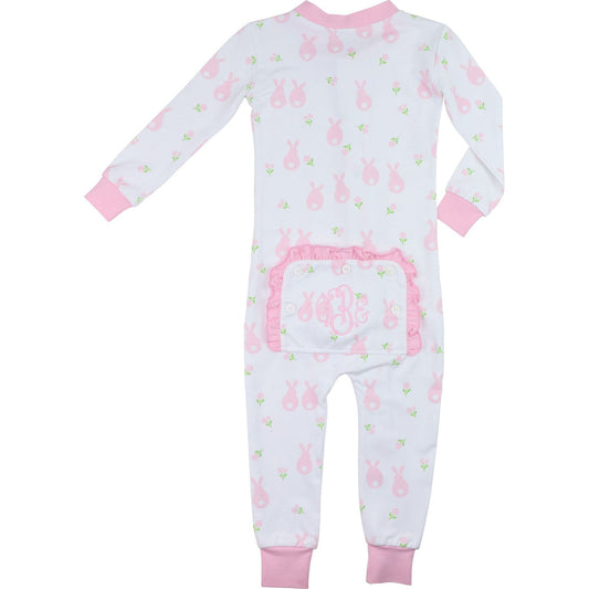 Pink Bunny Print Knit Zipper Pajamas