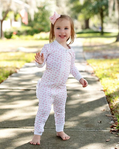 Pink Knit Heart Print Zipper Pajamas