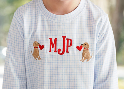 Blue Windowpane Knit Embroidered Valentine Puppy Shirt