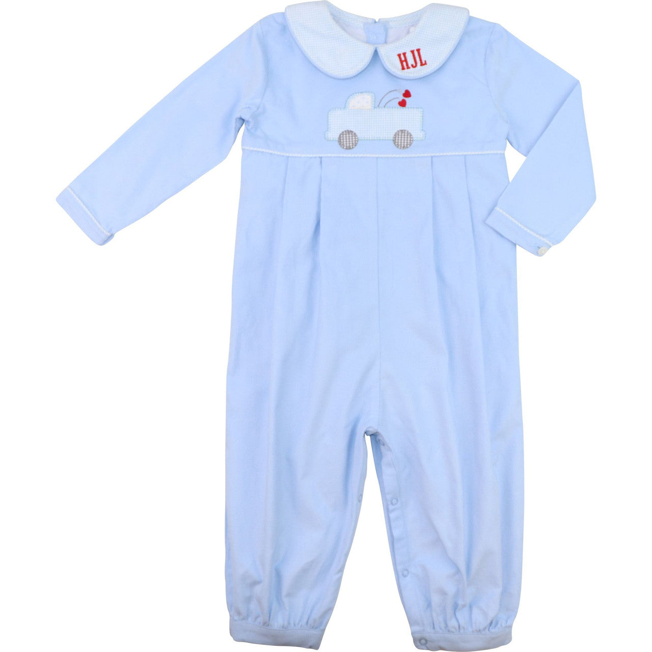 Blue Corduroy Applique Valentine Truck Long Romper