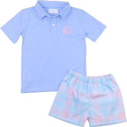 Blue And Pink Plaid Polo Short Set