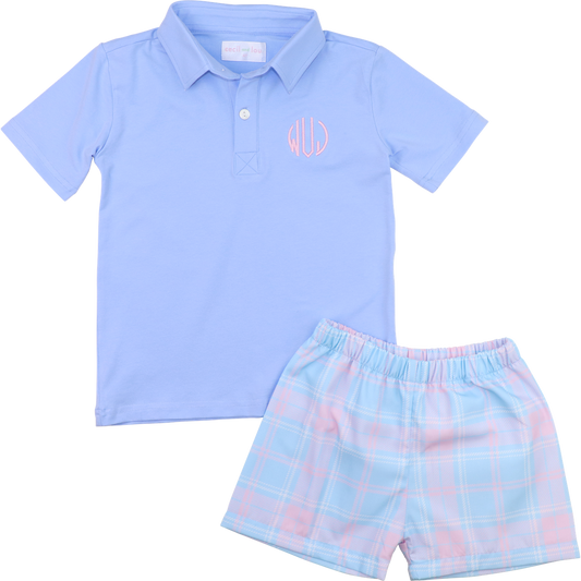 Blue And Pink Plaid Polo Short Set