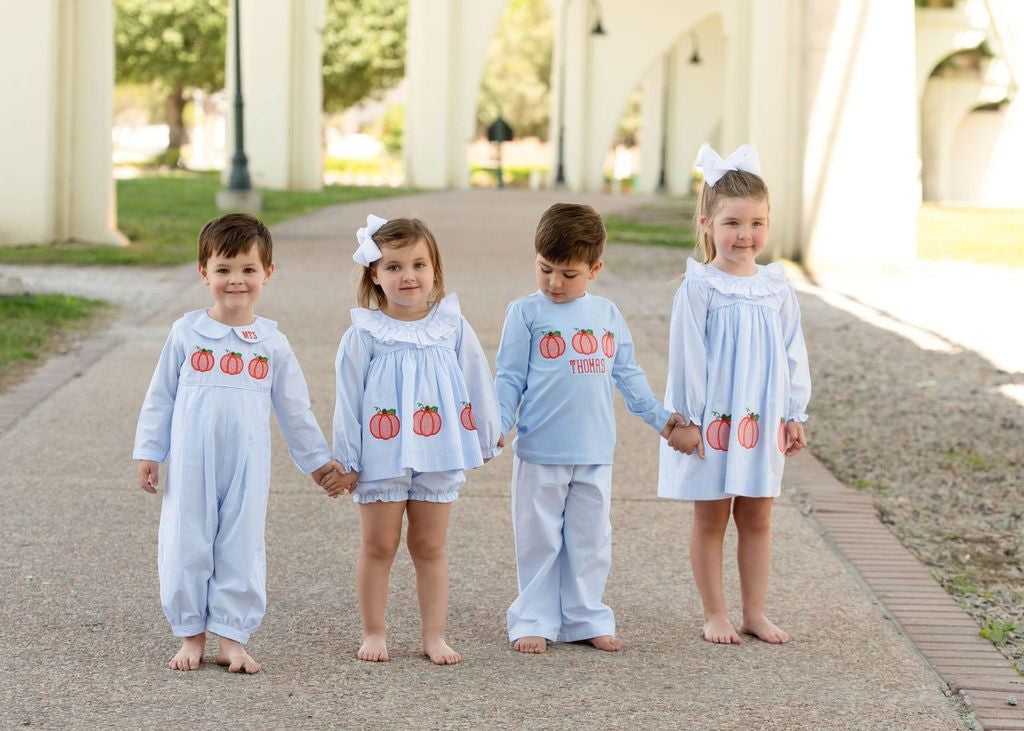 Blue Stripe Smocked Applique Pumpkin Dress