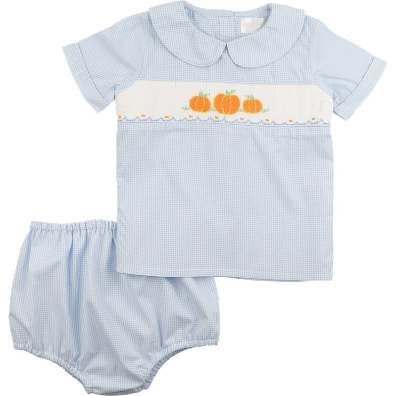 Blue Gingham Smocked Pumpkins Diaper Set