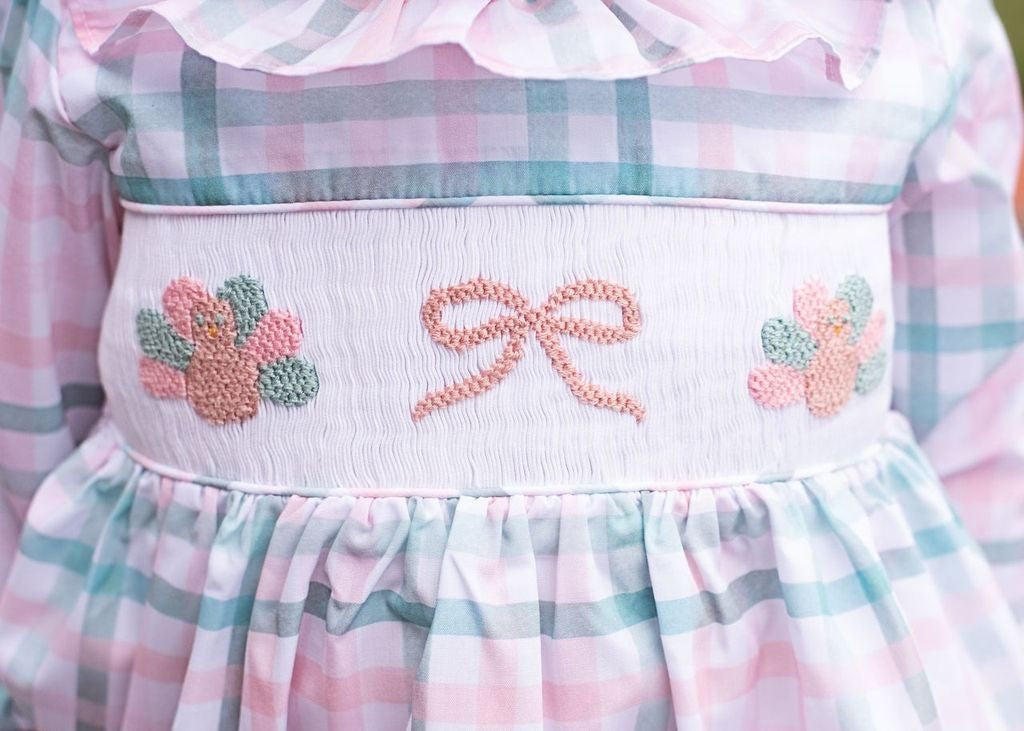 Pink And Green Plaid Smocked Turkey Diaper Set