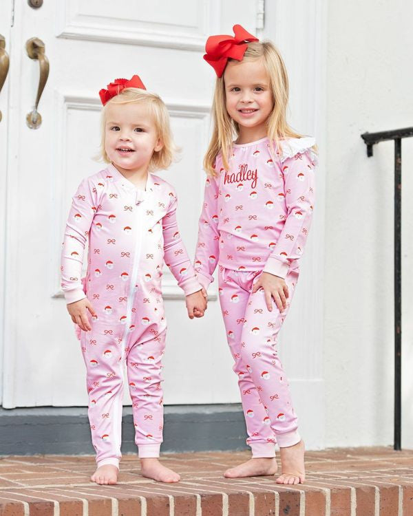 Pink Knit Santa And Bow Eyelet Pajamas