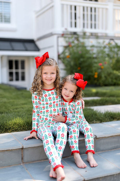 Red And Green Floral Block Print Holiday Knit Zipper Pajamas