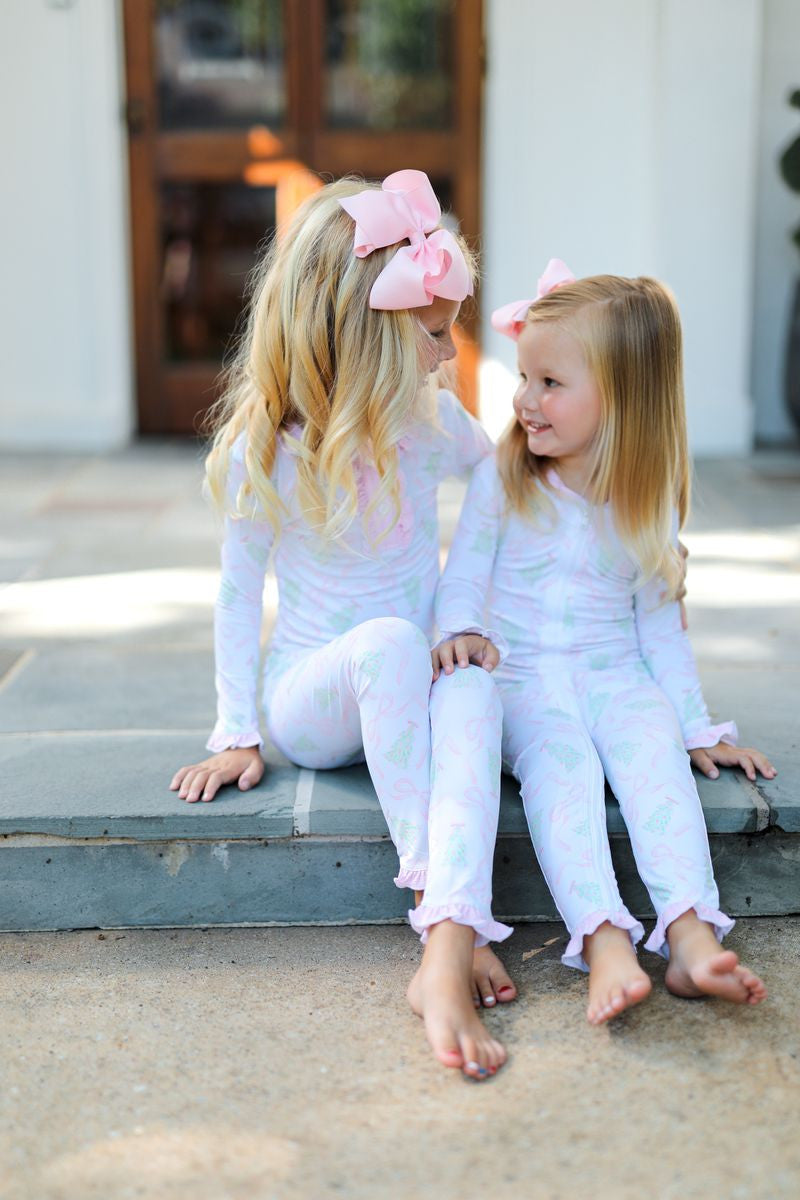 Pink And Green Christmas Tree And Bow Knit Zipper Pajamas