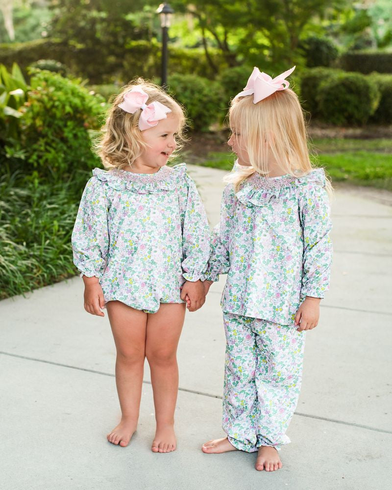 Green And Pink Floral Smocked Bubble