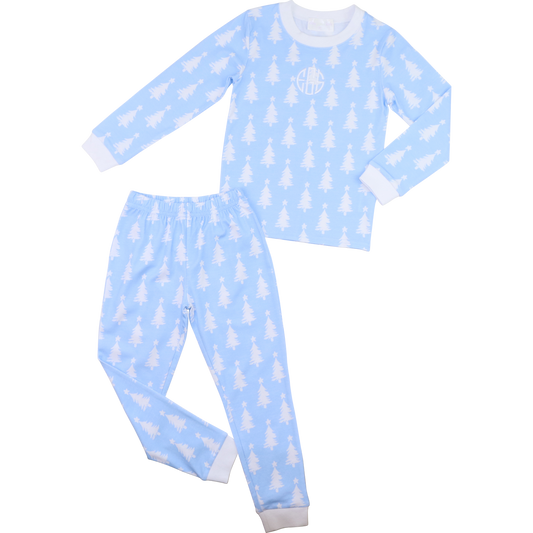 Blue And White Christmas Tree Knit Pajamas