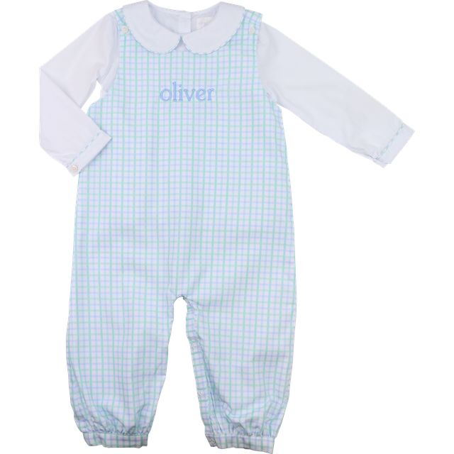 Blue And Green Windowpane Long Romper Set