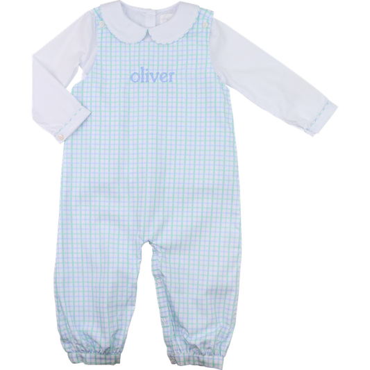 Blue And Green Windowpane Long Romper Set