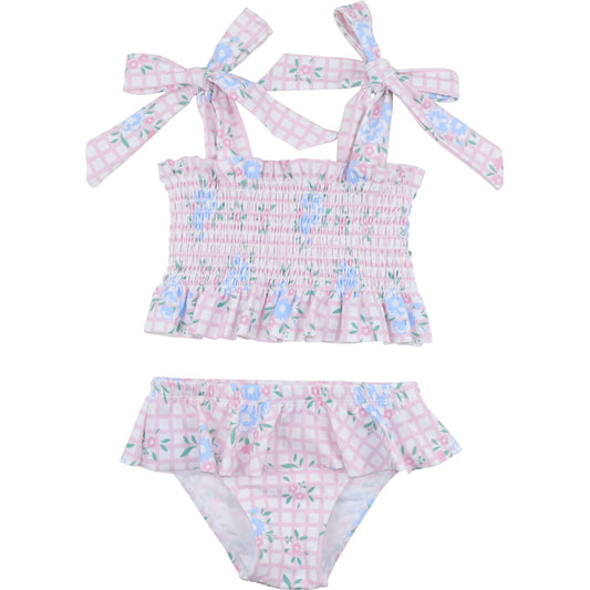 Floral Windowpane Smocked Lycra Shoulder Tie Bikini