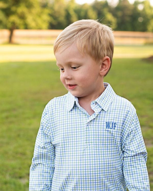 Blue And Green Windowpane Knit Polo