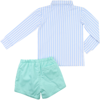 Mint And Blue Striped Polo Short Set