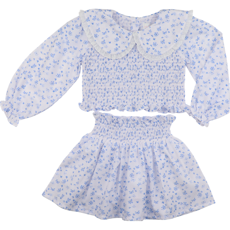 White And Blue Petite Floral Smocked Eyelet Skirt Set