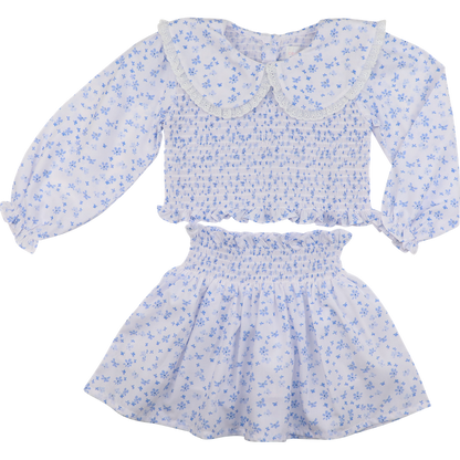 White And Blue Petite Floral Smocked Eyelet Skirt Set