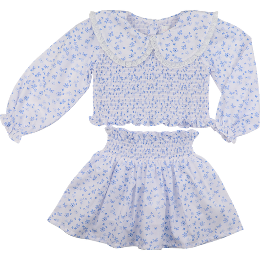 White And Blue Petite Floral Smocked Eyelet Skirt Set