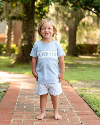 Blue Seersucker Smocked "Big Brother" Short Set