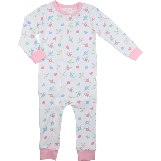 Flower And Heart Print Knit Zipper Pajamas