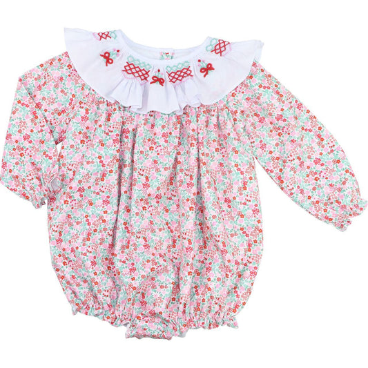 Red And Pink Floral Smocked Ruffled Collar Bubble