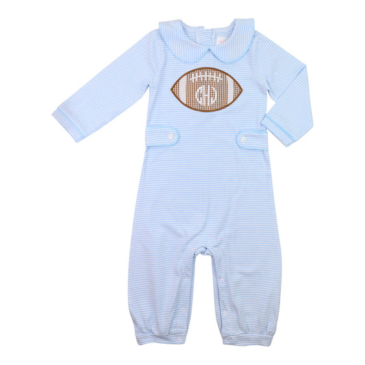 Blue Striped Knit Applique Football Long Romper