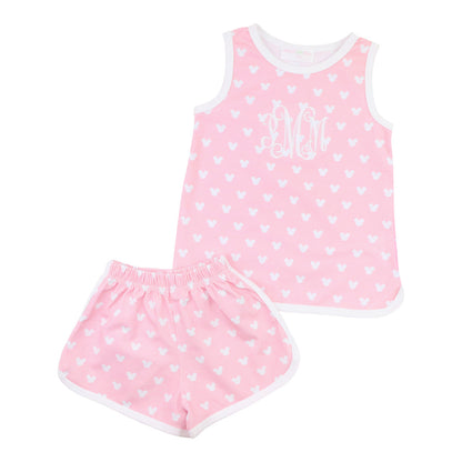 Pink And White Mouse Ears Print Knit Short Set